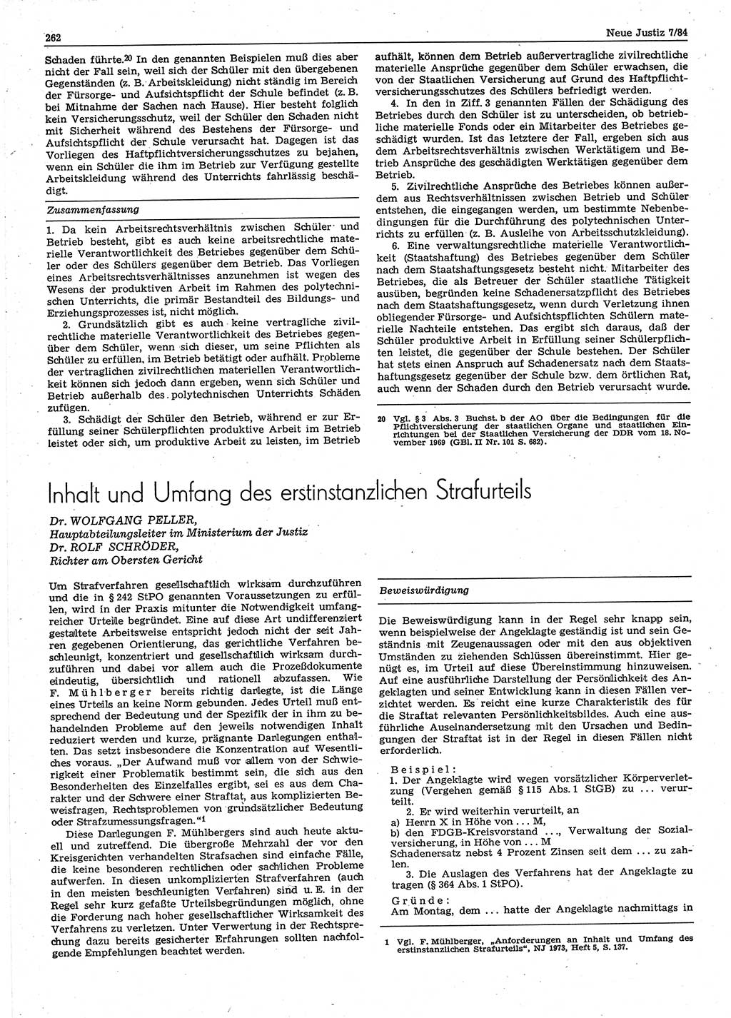 Neue Justiz (NJ), Zeitschrift für sozialistisches Recht und Gesetzlichkeit [Deutsche Demokratische Republik (DDR)], 38. Jahrgang 1984, Seite 262 (NJ DDR 1984, S. 262)