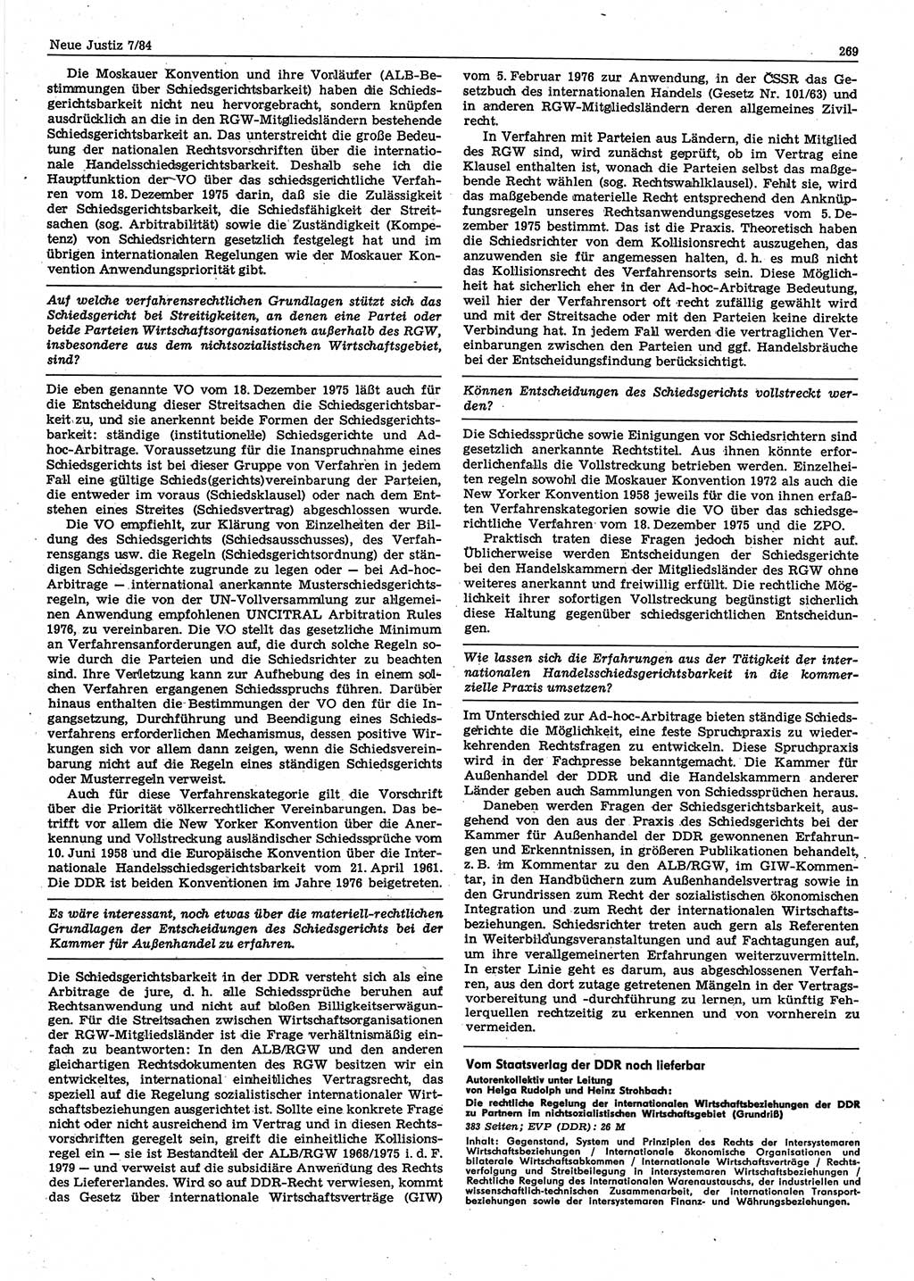 Neue Justiz (NJ), Zeitschrift für sozialistisches Recht und Gesetzlichkeit [Deutsche Demokratische Republik (DDR)], 38. Jahrgang 1984, Seite 269 (NJ DDR 1984, S. 269)