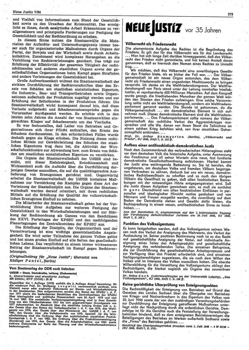 Neue Justiz (NJ), Zeitschrift für sozialistisches Recht und Gesetzlichkeit [Deutsche Demokratische Republik (DDR)], 38. Jahrgang 1984, Seite 273 (NJ DDR 1984, S. 273)