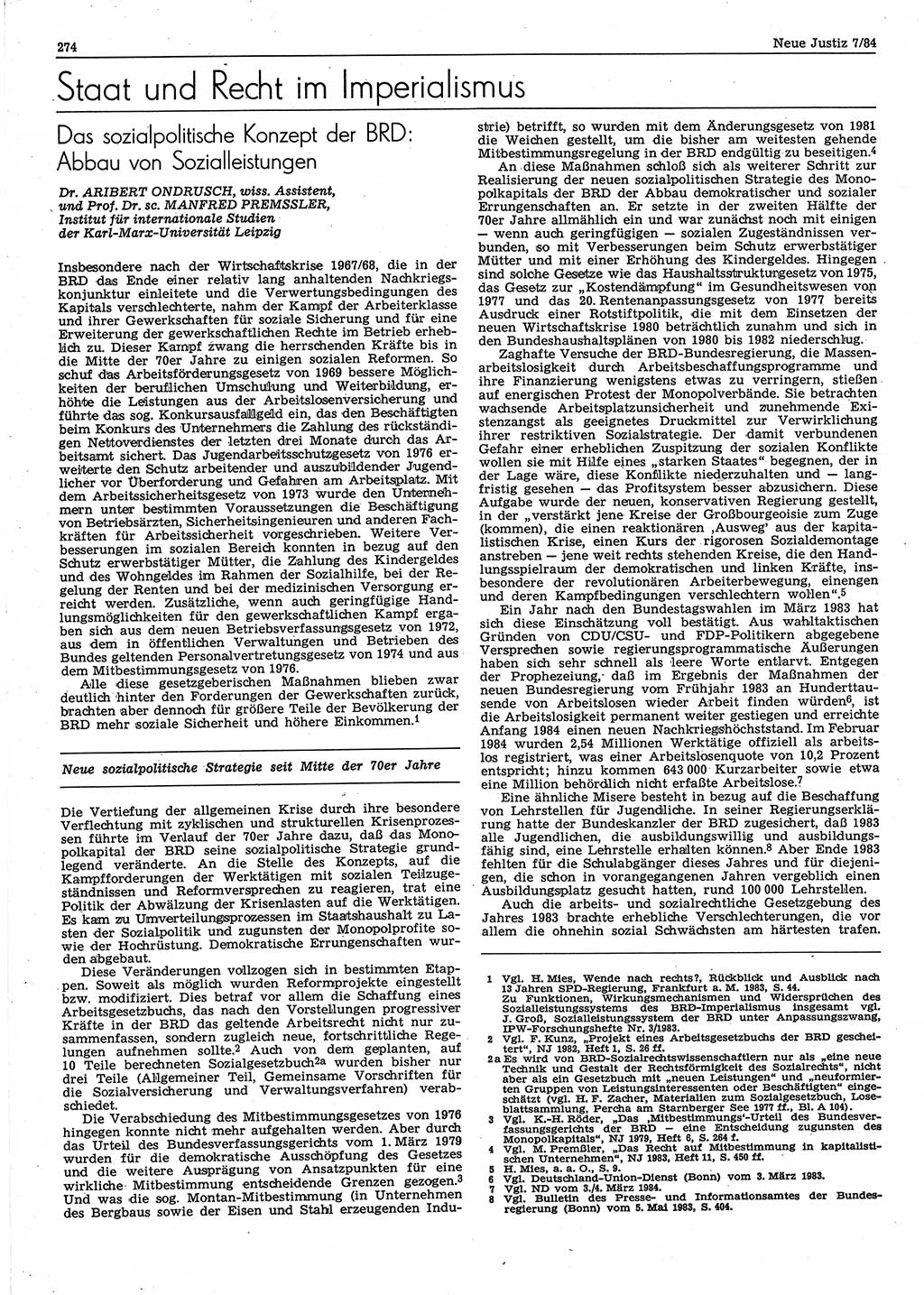Neue Justiz (NJ), Zeitschrift für sozialistisches Recht und Gesetzlichkeit [Deutsche Demokratische Republik (DDR)], 38. Jahrgang 1984, Seite 274 (NJ DDR 1984, S. 274)