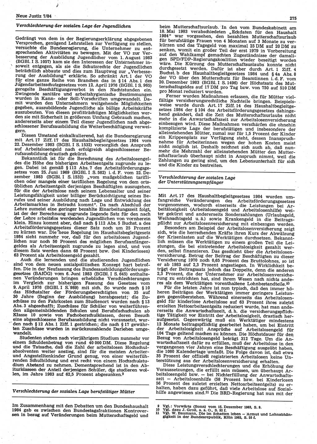 Neue Justiz (NJ), Zeitschrift für sozialistisches Recht und Gesetzlichkeit [Deutsche Demokratische Republik (DDR)], 38. Jahrgang 1984, Seite 275 (NJ DDR 1984, S. 275)
