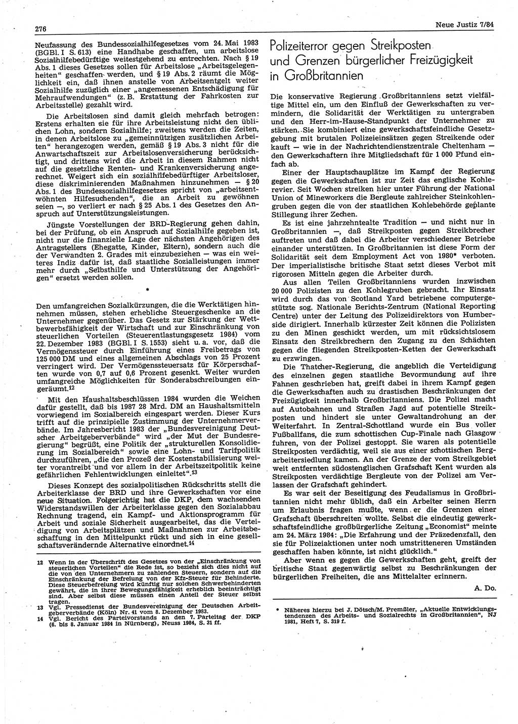 Neue Justiz (NJ), Zeitschrift für sozialistisches Recht und Gesetzlichkeit [Deutsche Demokratische Republik (DDR)], 38. Jahrgang 1984, Seite 276 (NJ DDR 1984, S. 276)