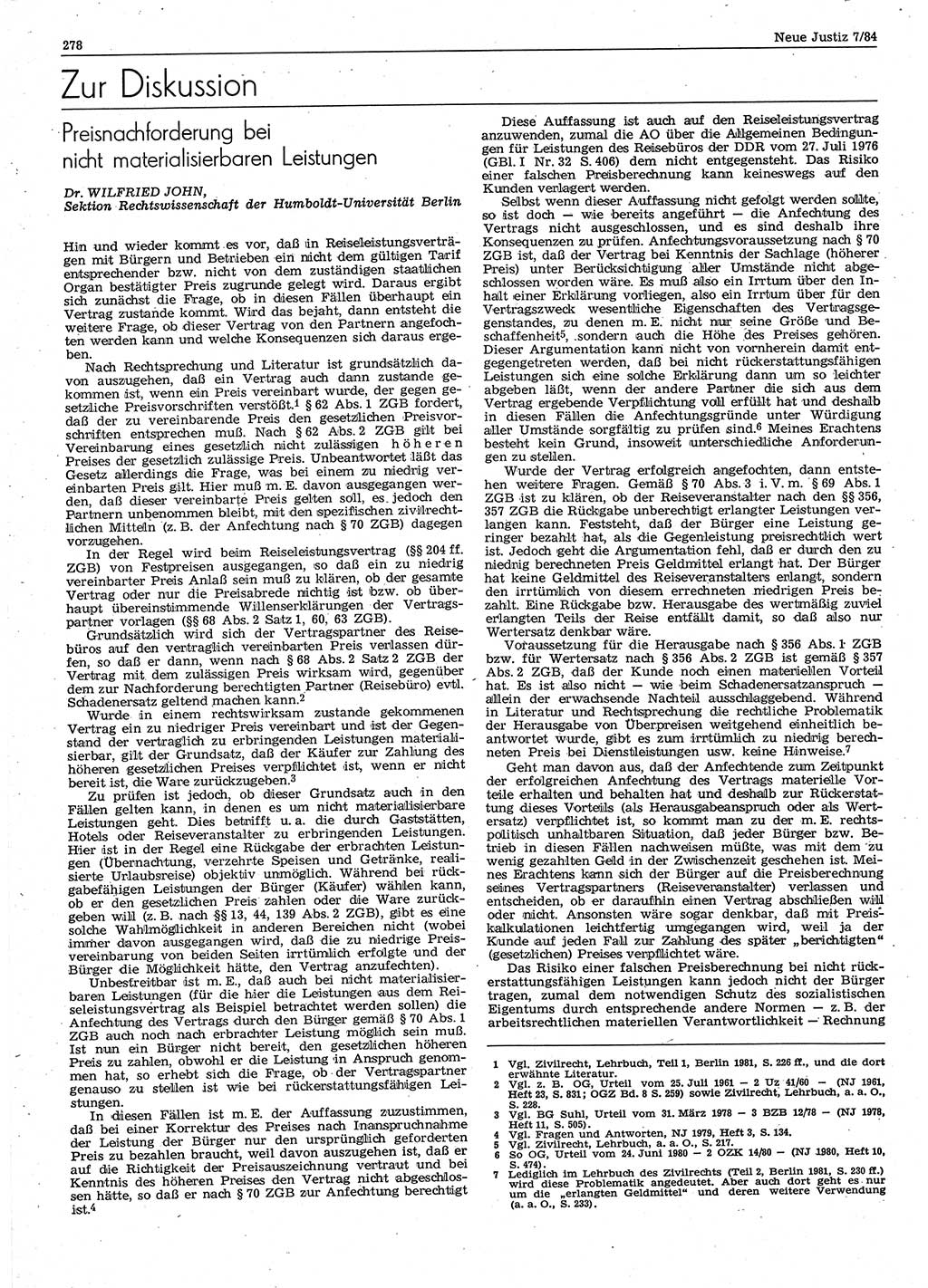 Neue Justiz (NJ), Zeitschrift für sozialistisches Recht und Gesetzlichkeit [Deutsche Demokratische Republik (DDR)], 38. Jahrgang 1984, Seite 278 (NJ DDR 1984, S. 278)