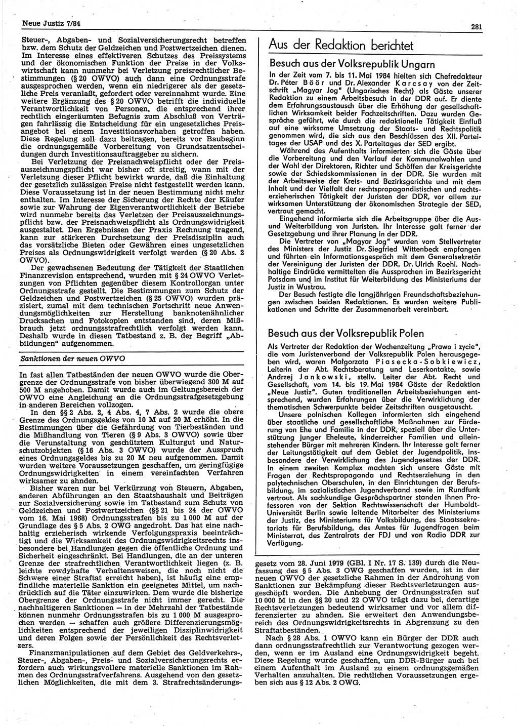 Neue Justiz (NJ), Zeitschrift für sozialistisches Recht und Gesetzlichkeit [Deutsche Demokratische Republik (DDR)], 38. Jahrgang 1984, Seite 281 (NJ DDR 1984, S. 281)
