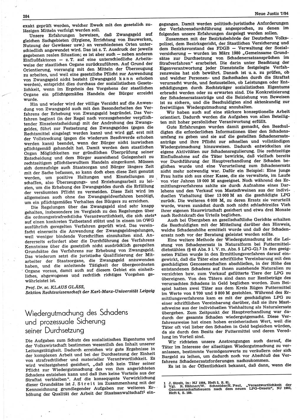 Neue Justiz (NJ), Zeitschrift für sozialistisches Recht und Gesetzlichkeit [Deutsche Demokratische Republik (DDR)], 38. Jahrgang 1984, Seite 284 (NJ DDR 1984, S. 284)