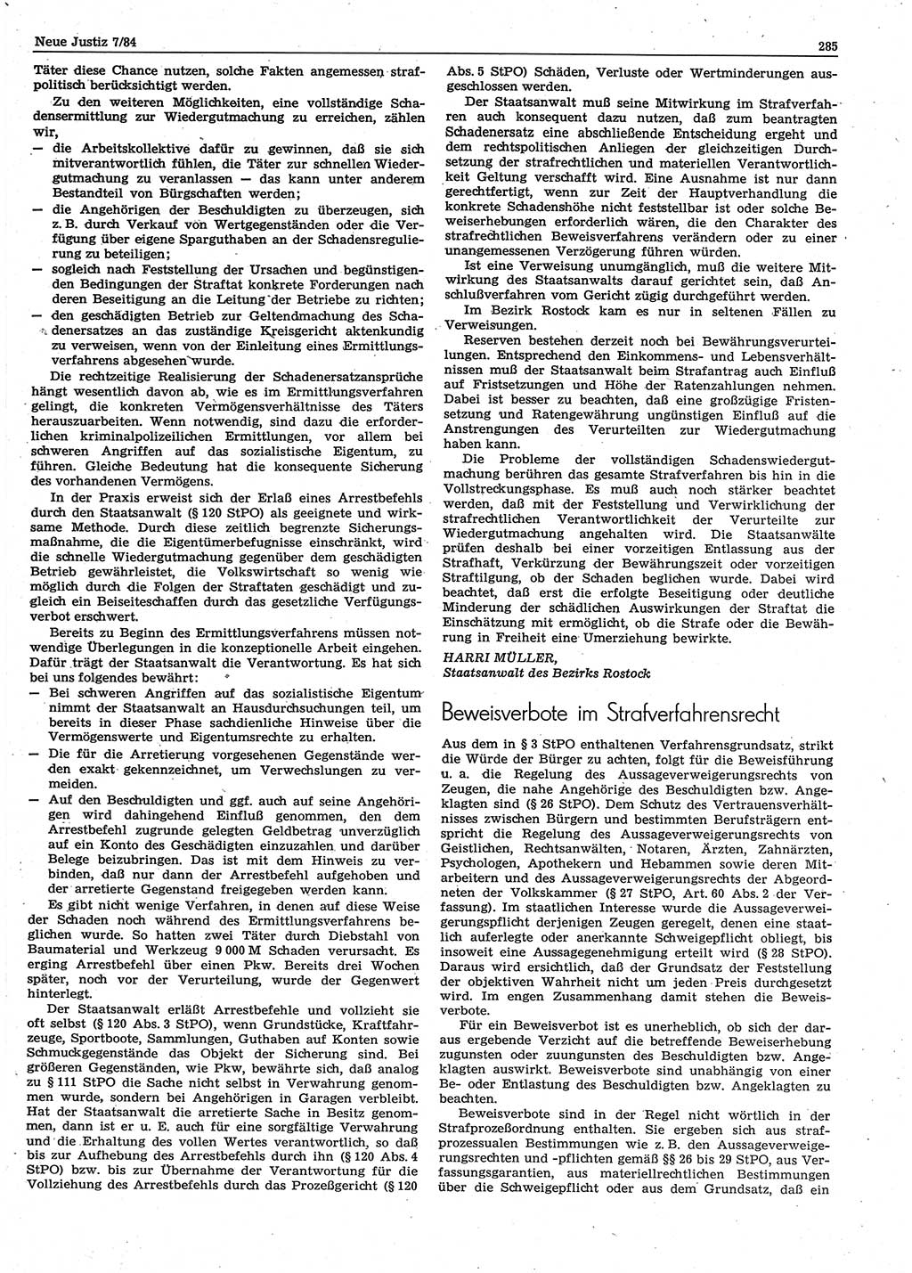 Neue Justiz (NJ), Zeitschrift für sozialistisches Recht und Gesetzlichkeit [Deutsche Demokratische Republik (DDR)], 38. Jahrgang 1984, Seite 285 (NJ DDR 1984, S. 285)
