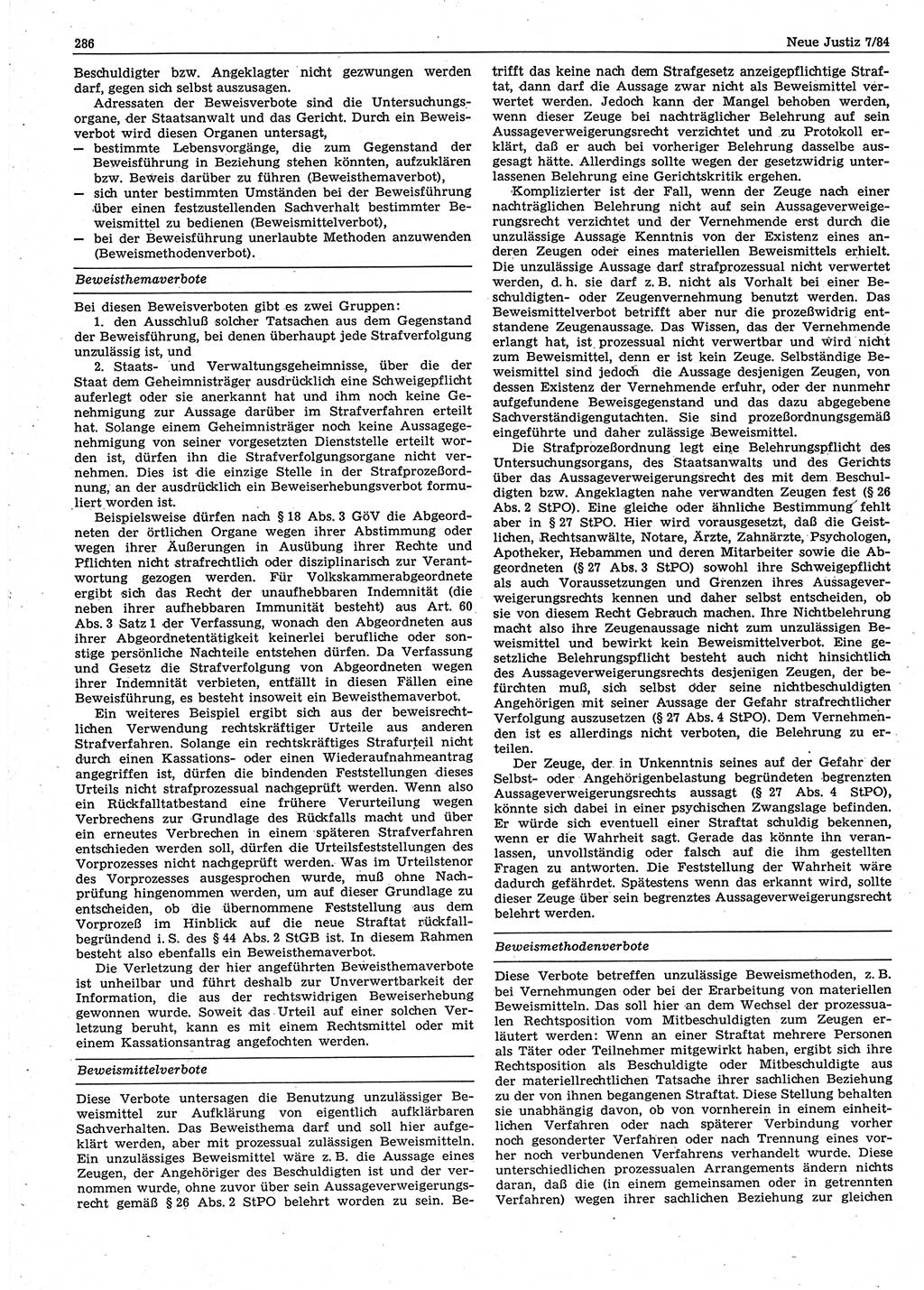 Neue Justiz (NJ), Zeitschrift für sozialistisches Recht und Gesetzlichkeit [Deutsche Demokratische Republik (DDR)], 38. Jahrgang 1984, Seite 286 (NJ DDR 1984, S. 286)