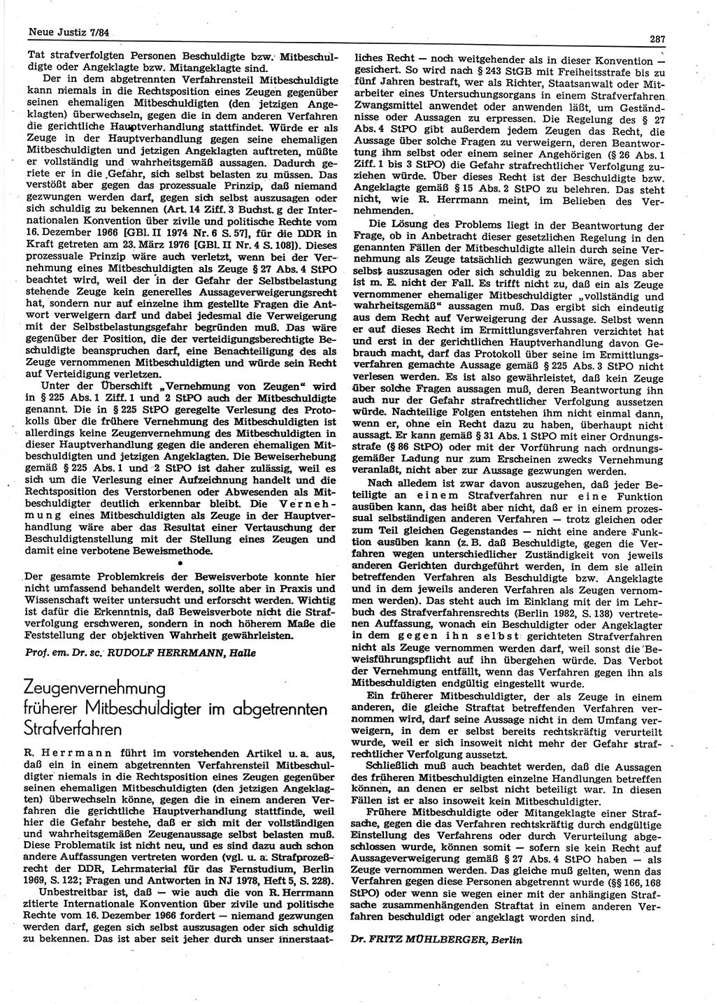 Neue Justiz (NJ), Zeitschrift für sozialistisches Recht und Gesetzlichkeit [Deutsche Demokratische Republik (DDR)], 38. Jahrgang 1984, Seite 287 (NJ DDR 1984, S. 287)
