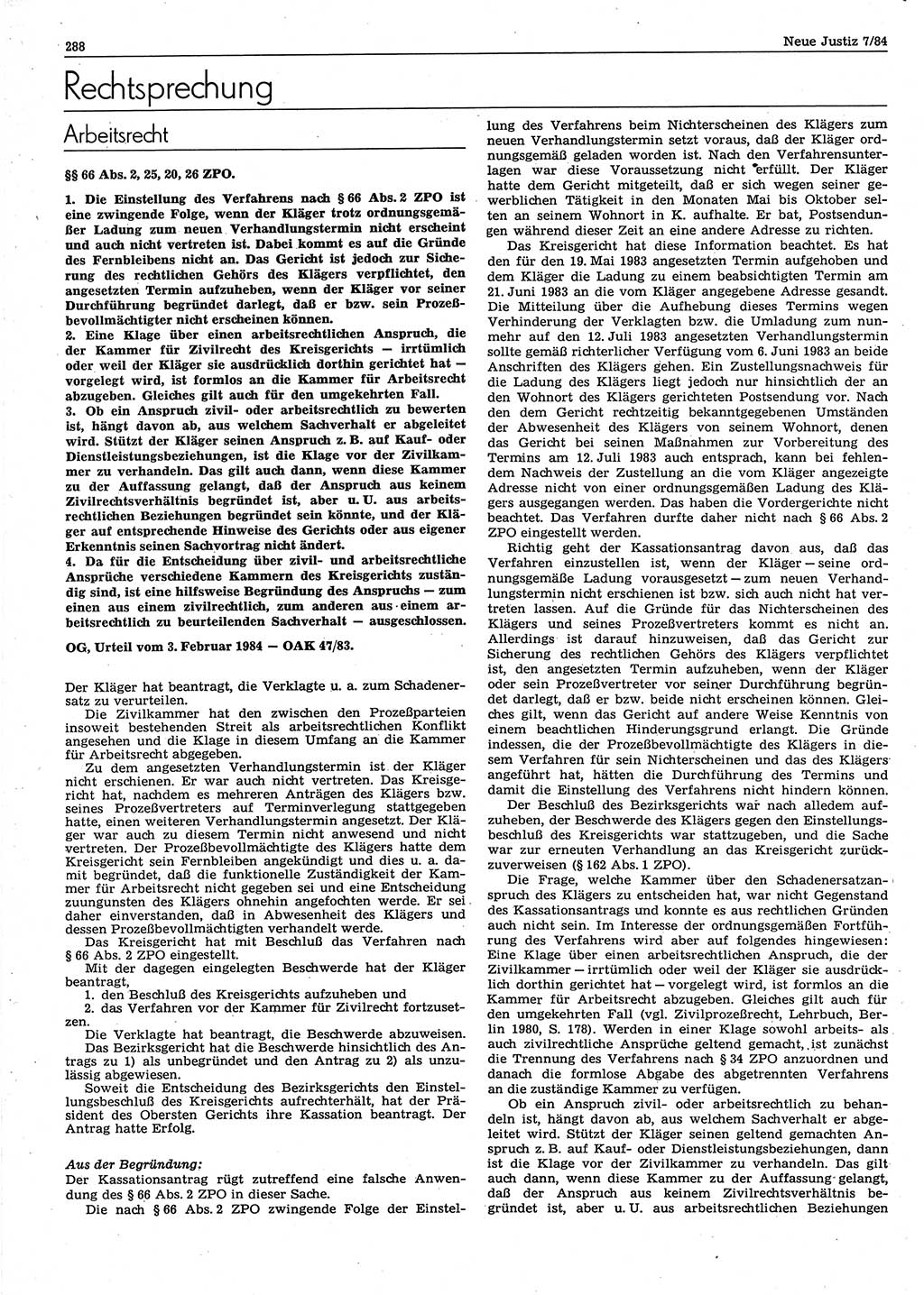 Neue Justiz (NJ), Zeitschrift für sozialistisches Recht und Gesetzlichkeit [Deutsche Demokratische Republik (DDR)], 38. Jahrgang 1984, Seite 288 (NJ DDR 1984, S. 288)