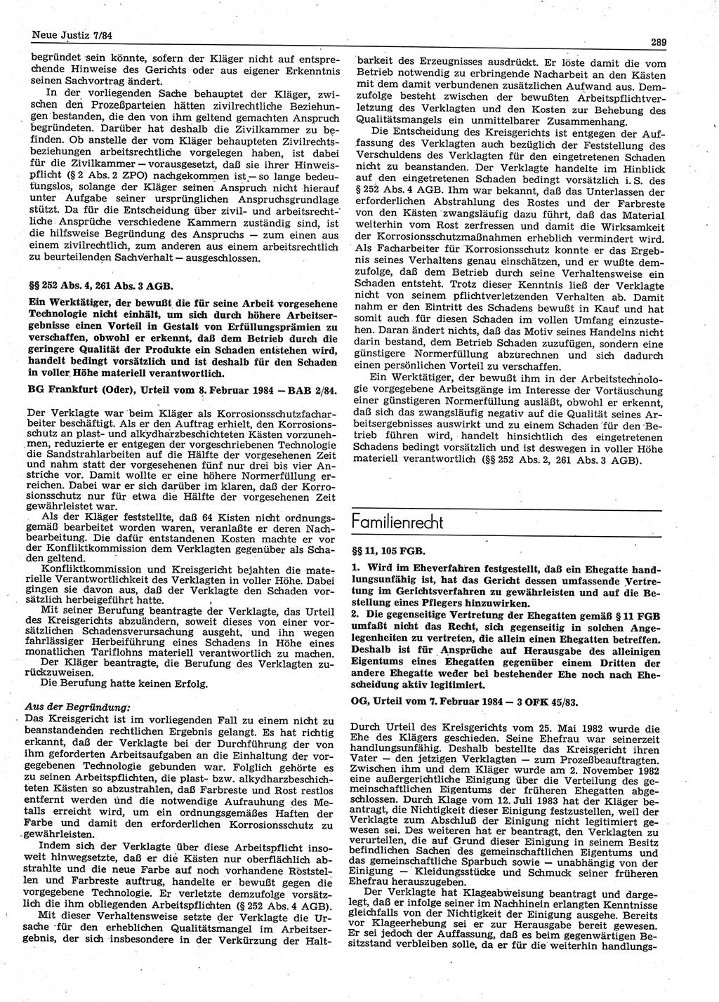 Neue Justiz (NJ), Zeitschrift für sozialistisches Recht und Gesetzlichkeit [Deutsche Demokratische Republik (DDR)], 38. Jahrgang 1984, Seite 289 (NJ DDR 1984, S. 289)