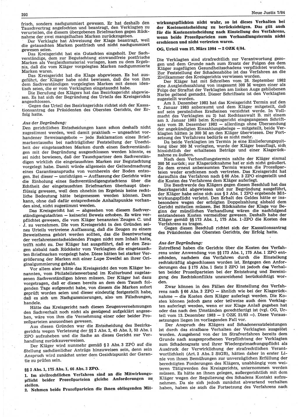 Neue Justiz (NJ), Zeitschrift für sozialistisches Recht und Gesetzlichkeit [Deutsche Demokratische Republik (DDR)], 38. Jahrgang 1984, Seite 292 (NJ DDR 1984, S. 292)