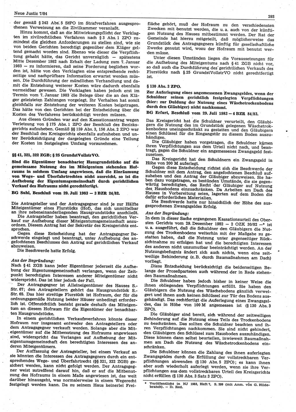 Neue Justiz (NJ), Zeitschrift für sozialistisches Recht und Gesetzlichkeit [Deutsche Demokratische Republik (DDR)], 38. Jahrgang 1984, Seite 293 (NJ DDR 1984, S. 293)