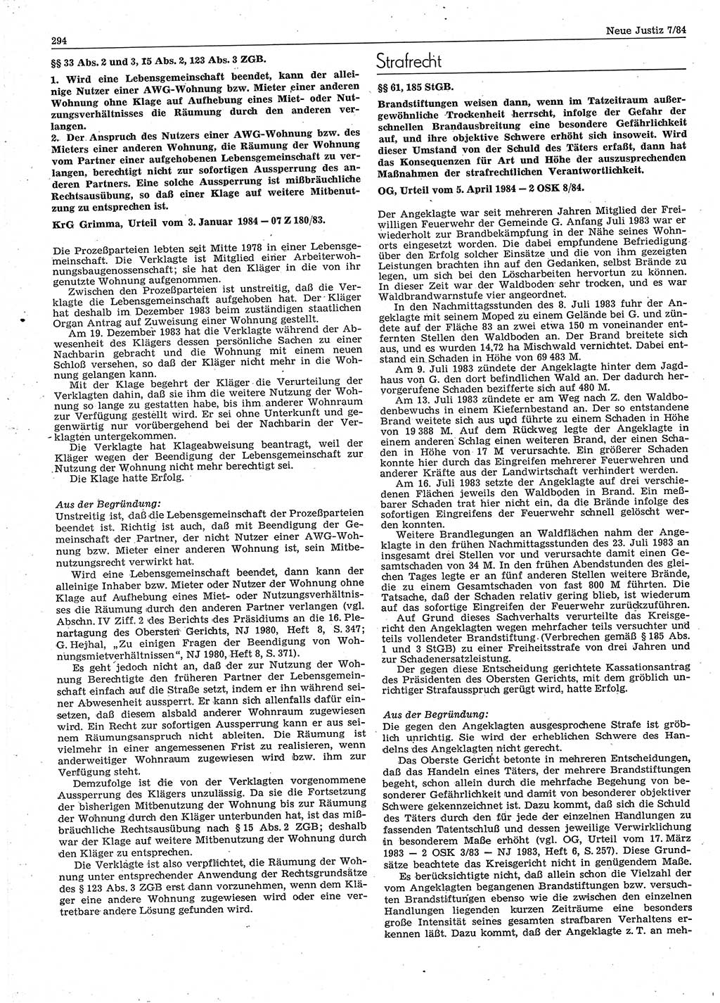 Neue Justiz (NJ), Zeitschrift für sozialistisches Recht und Gesetzlichkeit [Deutsche Demokratische Republik (DDR)], 38. Jahrgang 1984, Seite 294 (NJ DDR 1984, S. 294)