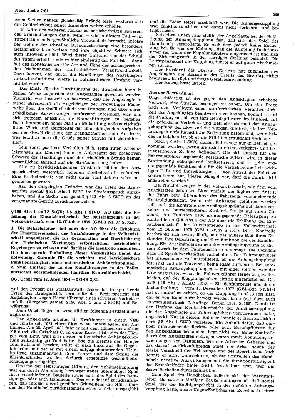 Neue Justiz (NJ), Zeitschrift für sozialistisches Recht und Gesetzlichkeit [Deutsche Demokratische Republik (DDR)], 38. Jahrgang 1984, Seite 295 (NJ DDR 1984, S. 295)