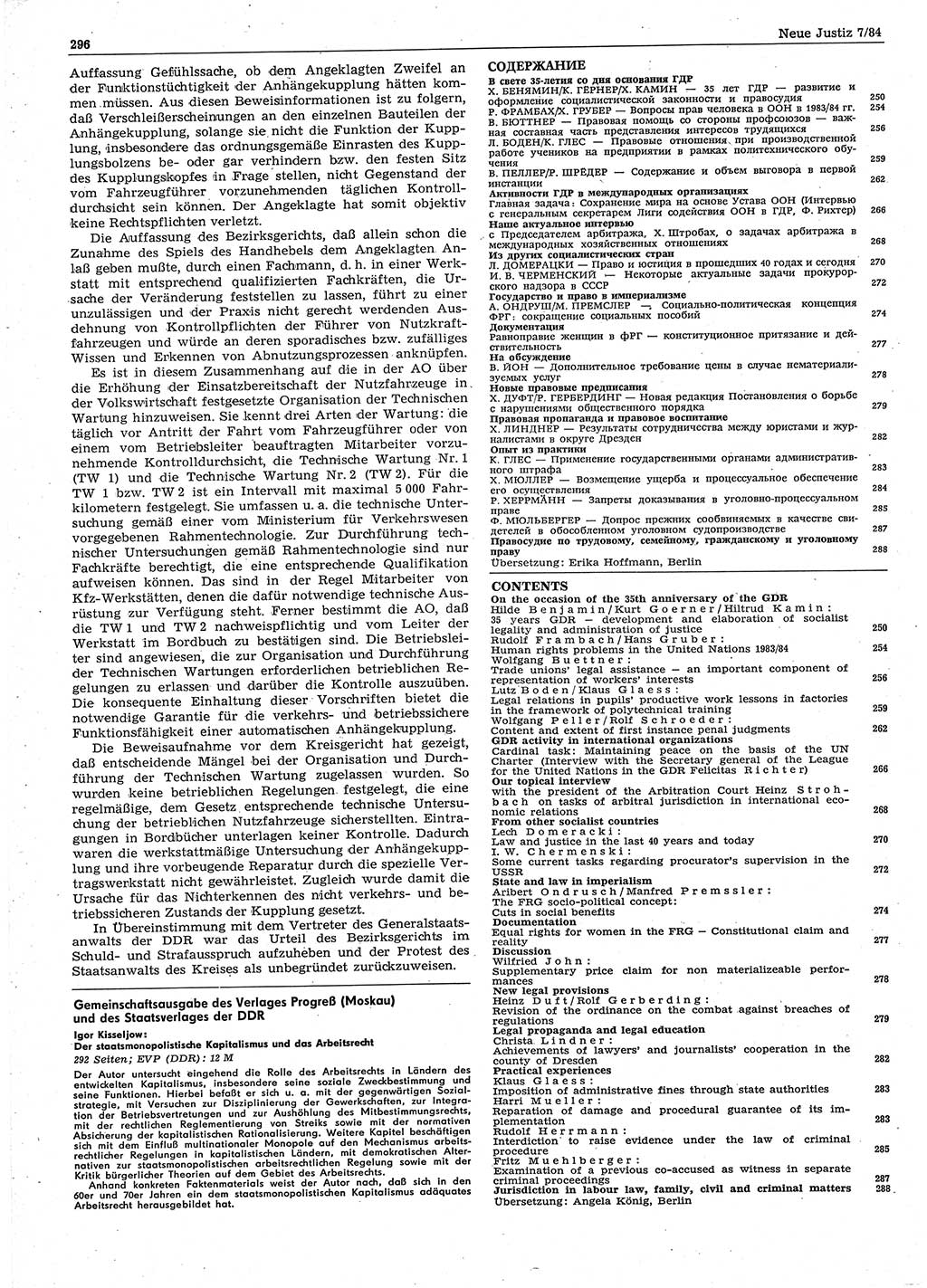 Neue Justiz (NJ), Zeitschrift für sozialistisches Recht und Gesetzlichkeit [Deutsche Demokratische Republik (DDR)], 38. Jahrgang 1984, Seite 296 (NJ DDR 1984, S. 296)