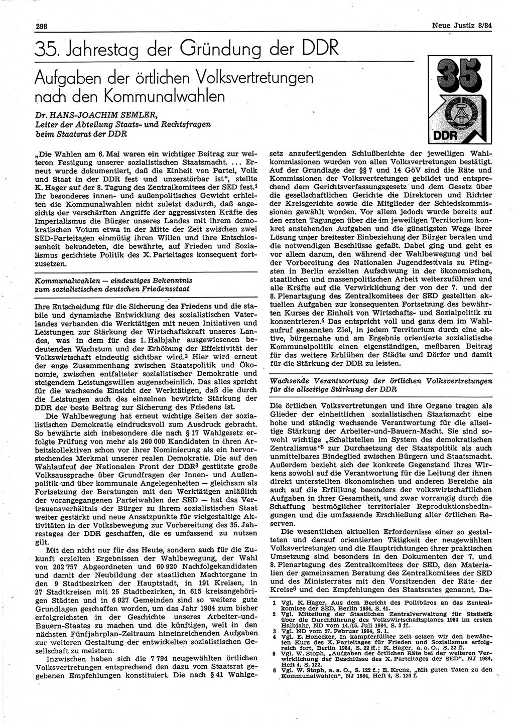 Neue Justiz (NJ), Zeitschrift für sozialistisches Recht und Gesetzlichkeit [Deutsche Demokratische Republik (DDR)], 38. Jahrgang 1984, Seite 298 (NJ DDR 1984, S. 298)