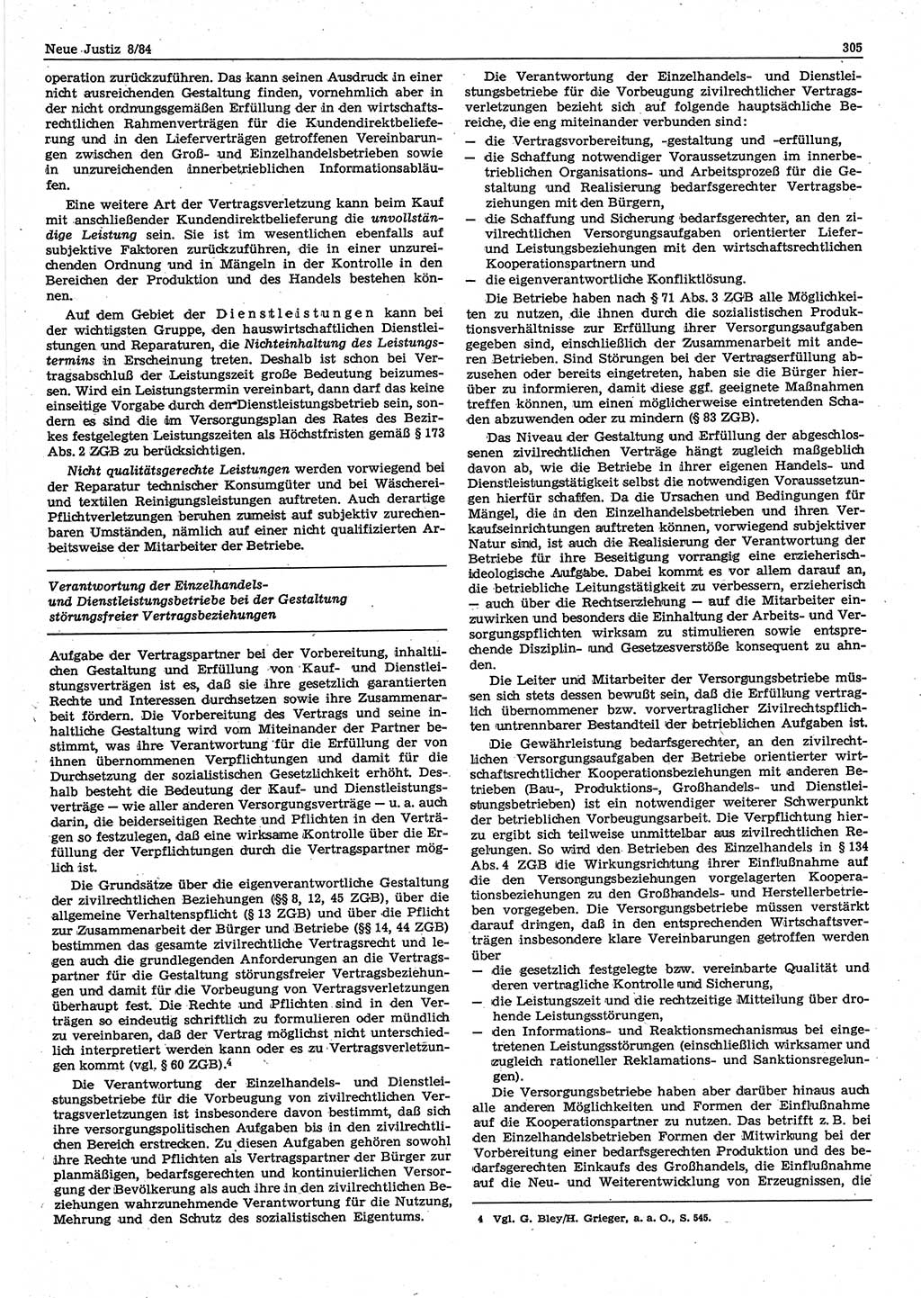 Neue Justiz (NJ), Zeitschrift für sozialistisches Recht und Gesetzlichkeit [Deutsche Demokratische Republik (DDR)], 38. Jahrgang 1984, Seite 305 (NJ DDR 1984, S. 305)