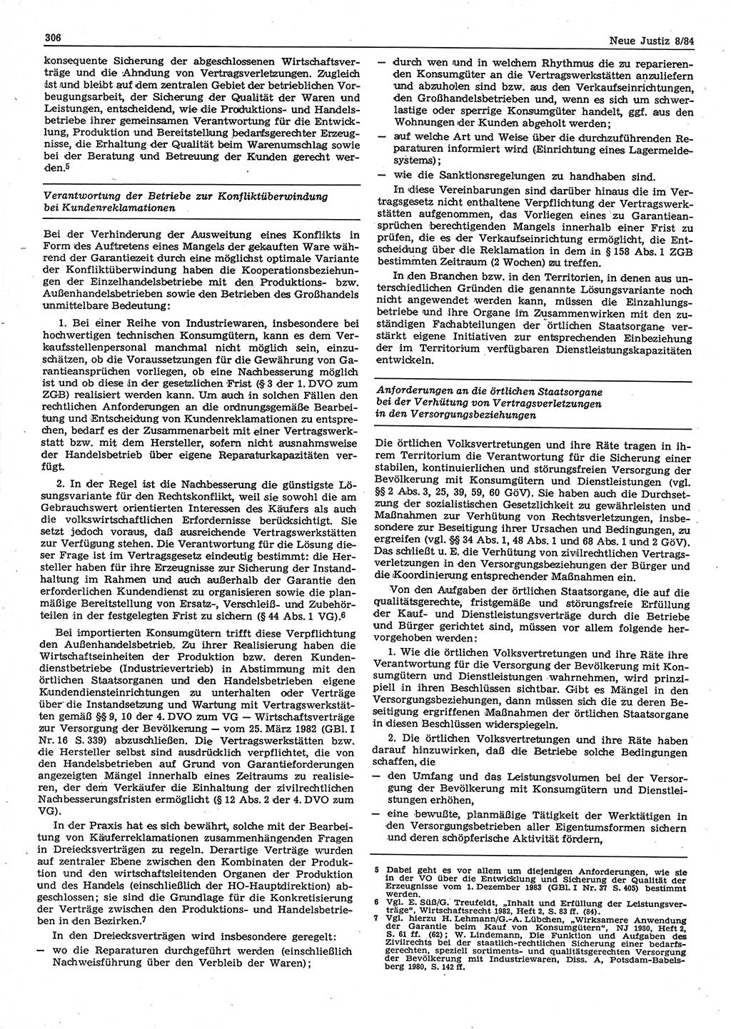 Neue Justiz (NJ), Zeitschrift für sozialistisches Recht und Gesetzlichkeit [Deutsche Demokratische Republik (DDR)], 38. Jahrgang 1984, Seite 306 (NJ DDR 1984, S. 306)