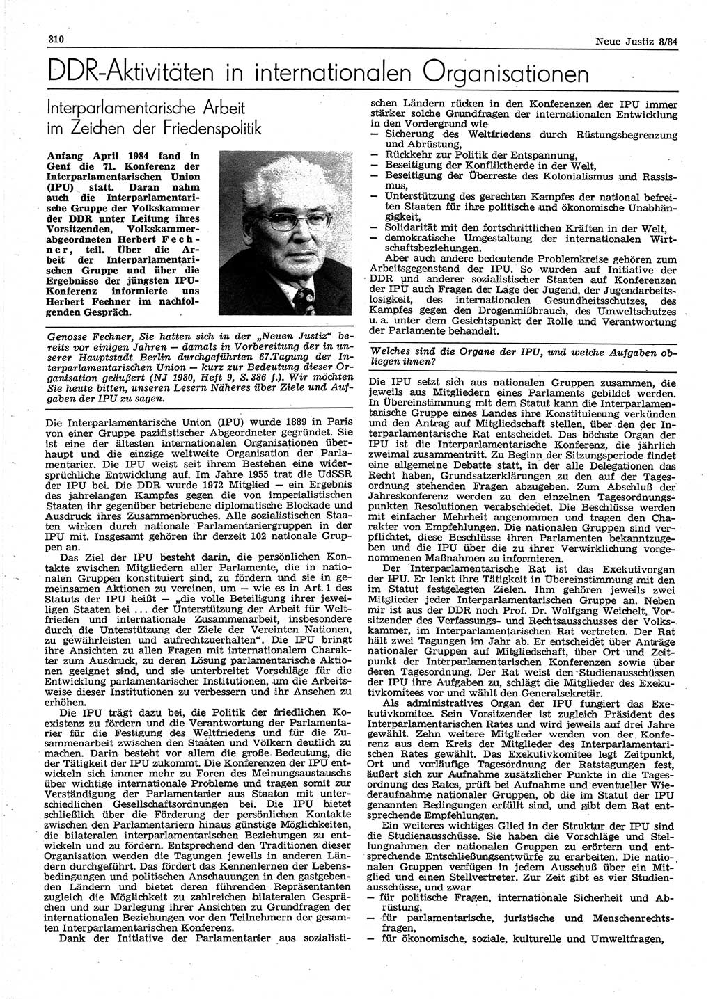 Neue Justiz (NJ), Zeitschrift für sozialistisches Recht und Gesetzlichkeit [Deutsche Demokratische Republik (DDR)], 38. Jahrgang 1984, Seite 310 (NJ DDR 1984, S. 310)
