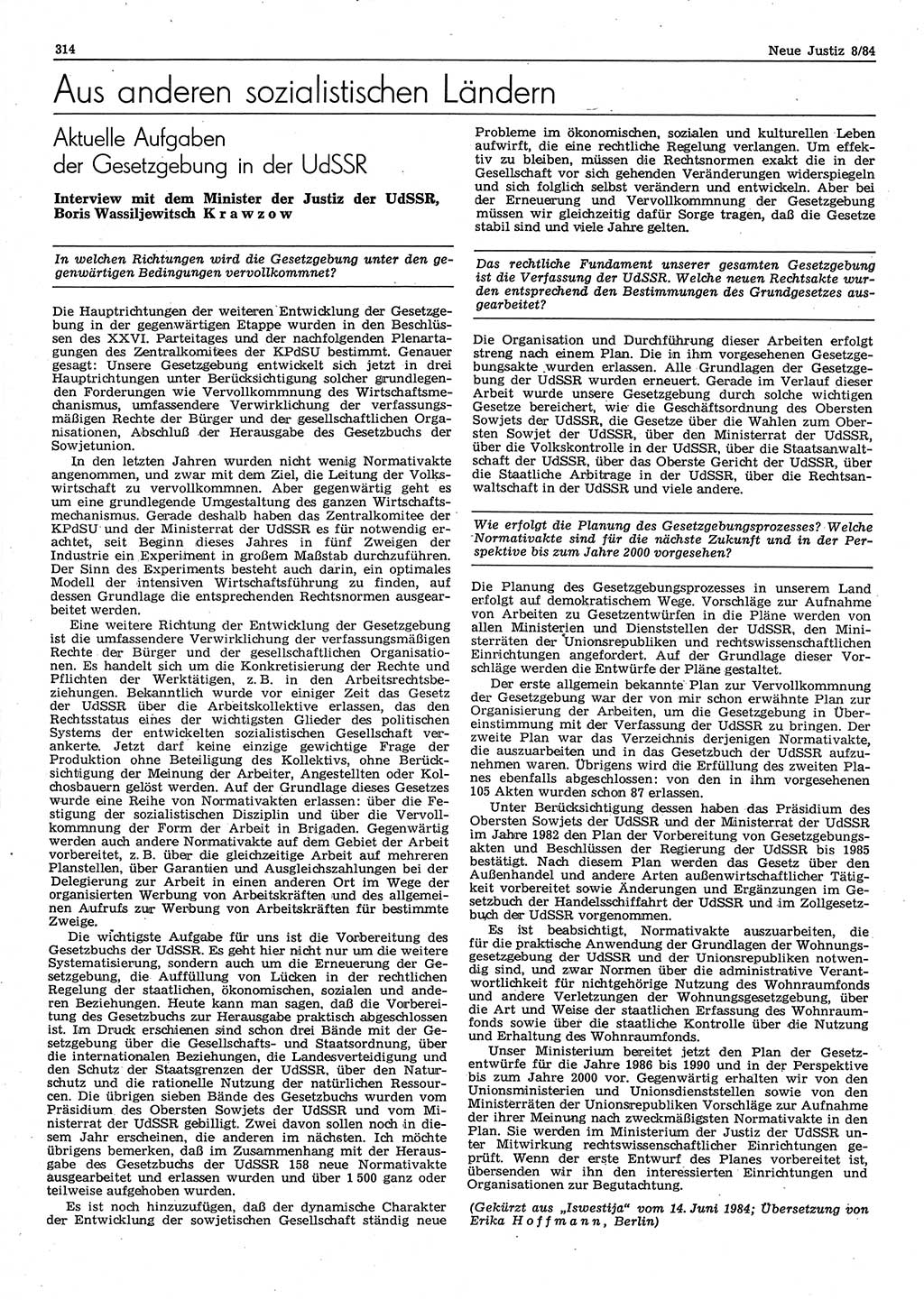 Neue Justiz (NJ), Zeitschrift für sozialistisches Recht und Gesetzlichkeit [Deutsche Demokratische Republik (DDR)], 38. Jahrgang 1984, Seite 314 (NJ DDR 1984, S. 314)