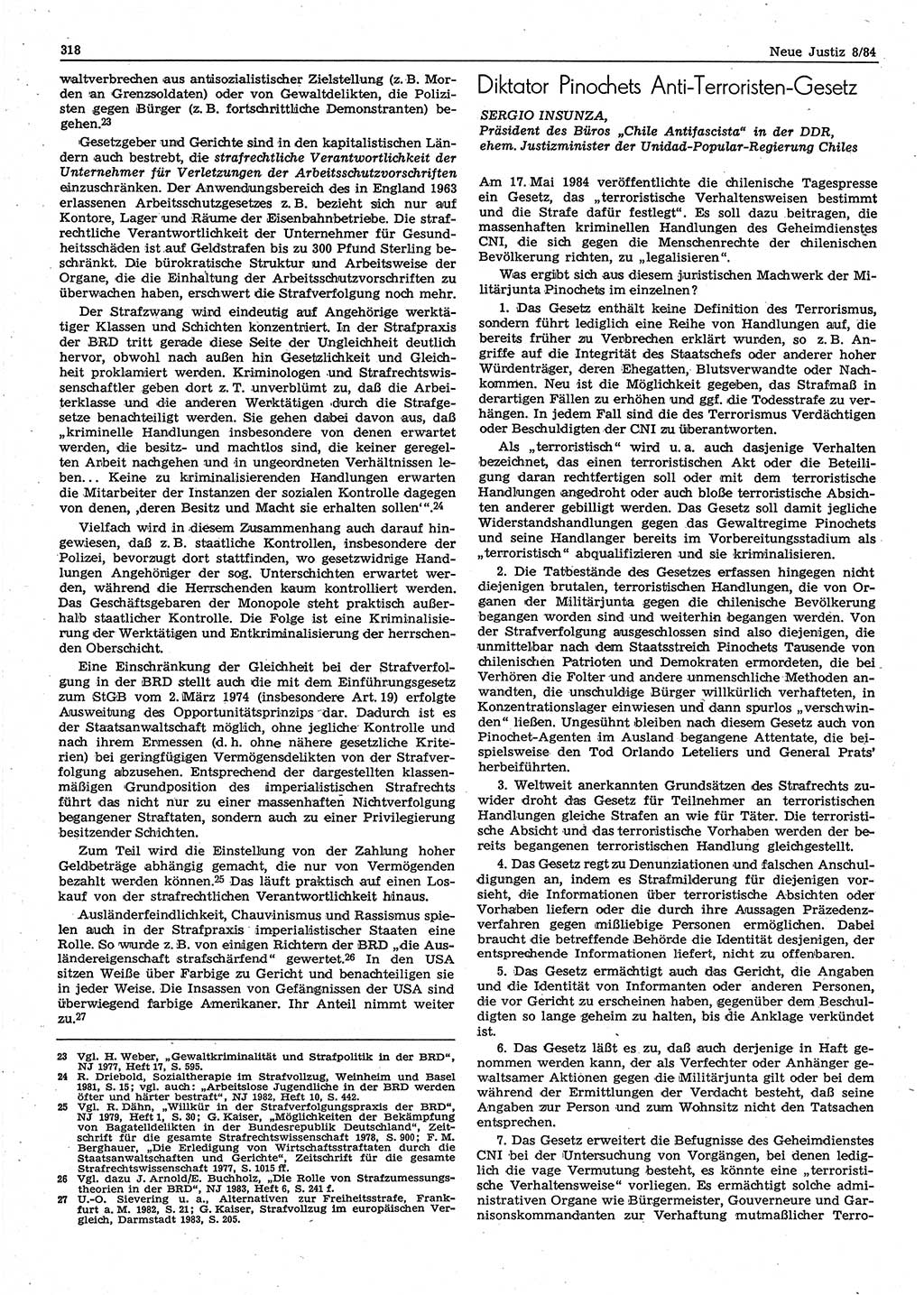 Neue Justiz (NJ), Zeitschrift für sozialistisches Recht und Gesetzlichkeit [Deutsche Demokratische Republik (DDR)], 38. Jahrgang 1984, Seite 318 (NJ DDR 1984, S. 318)