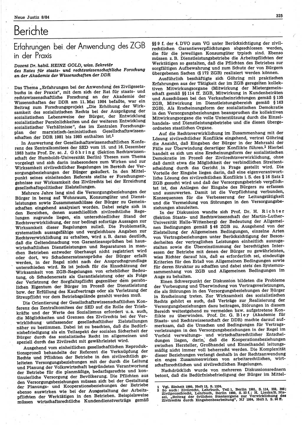 Neue Justiz (NJ), Zeitschrift für sozialistisches Recht und Gesetzlichkeit [Deutsche Demokratische Republik (DDR)], 38. Jahrgang 1984, Seite 325 (NJ DDR 1984, S. 325)