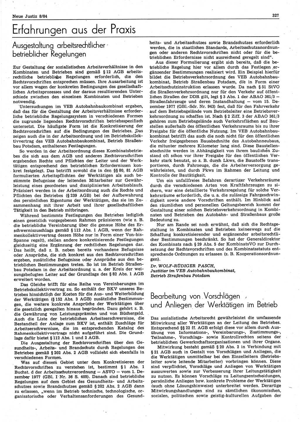 Neue Justiz (NJ), Zeitschrift für sozialistisches Recht und Gesetzlichkeit [Deutsche Demokratische Republik (DDR)], 38. Jahrgang 1984, Seite 327 (NJ DDR 1984, S. 327)