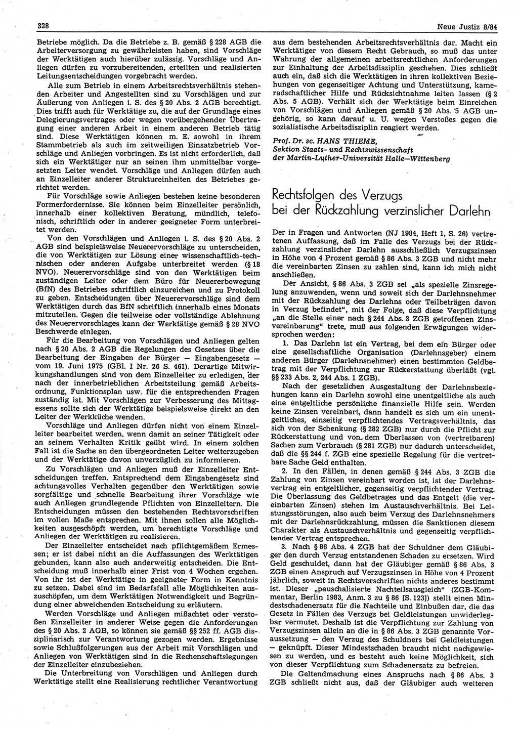 Neue Justiz (NJ), Zeitschrift für sozialistisches Recht und Gesetzlichkeit [Deutsche Demokratische Republik (DDR)], 38. Jahrgang 1984, Seite 328 (NJ DDR 1984, S. 328)