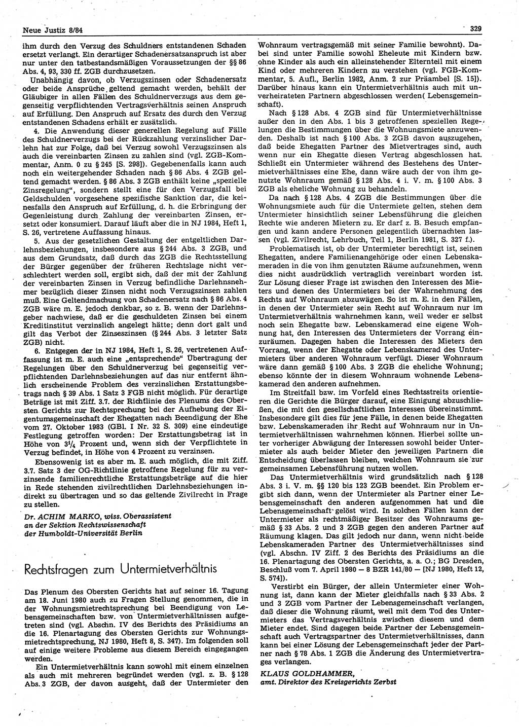 Neue Justiz (NJ), Zeitschrift für sozialistisches Recht und Gesetzlichkeit [Deutsche Demokratische Republik (DDR)], 38. Jahrgang 1984, Seite 329 (NJ DDR 1984, S. 329)