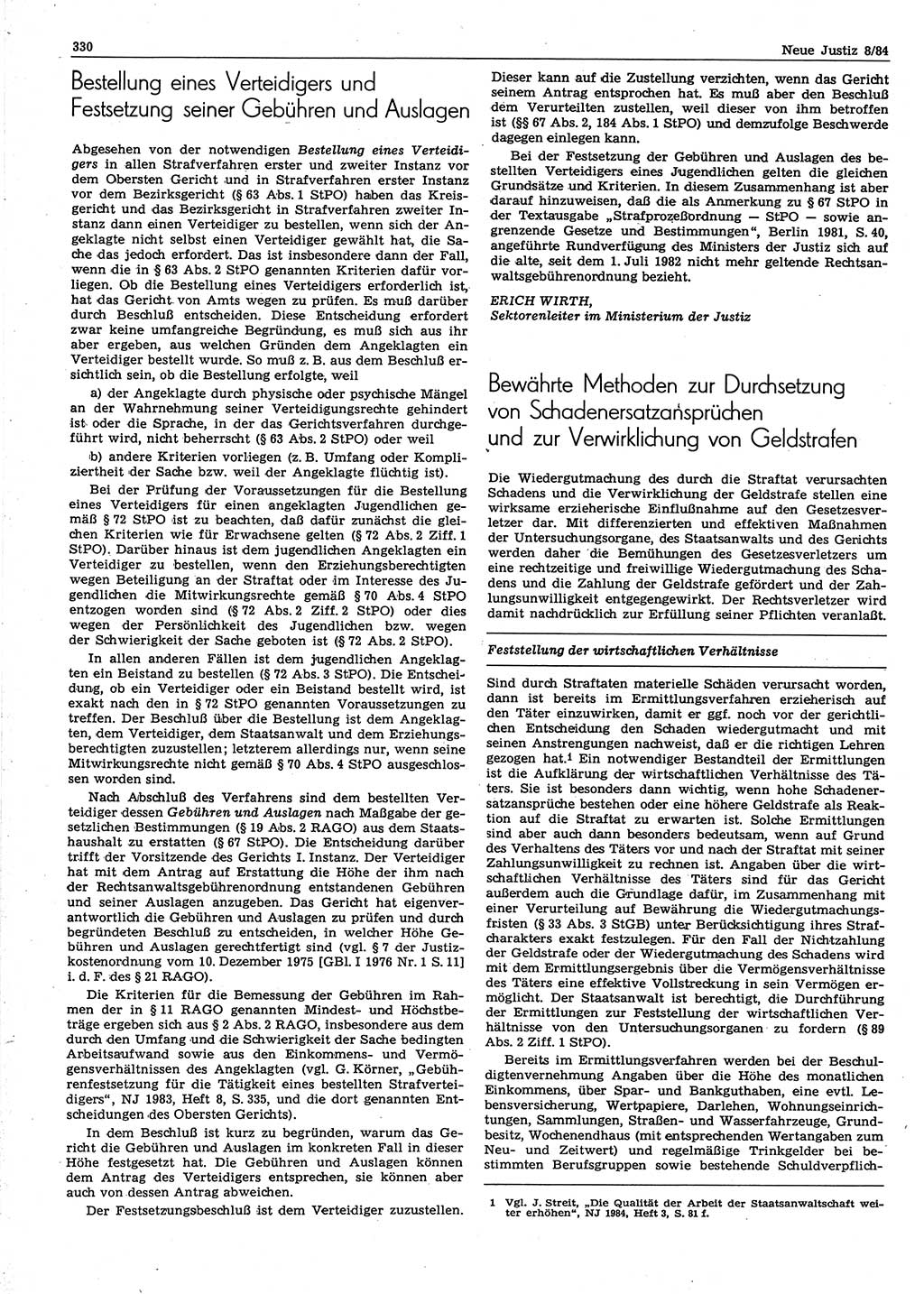 Neue Justiz (NJ), Zeitschrift für sozialistisches Recht und Gesetzlichkeit [Deutsche Demokratische Republik (DDR)], 38. Jahrgang 1984, Seite 330 (NJ DDR 1984, S. 330)