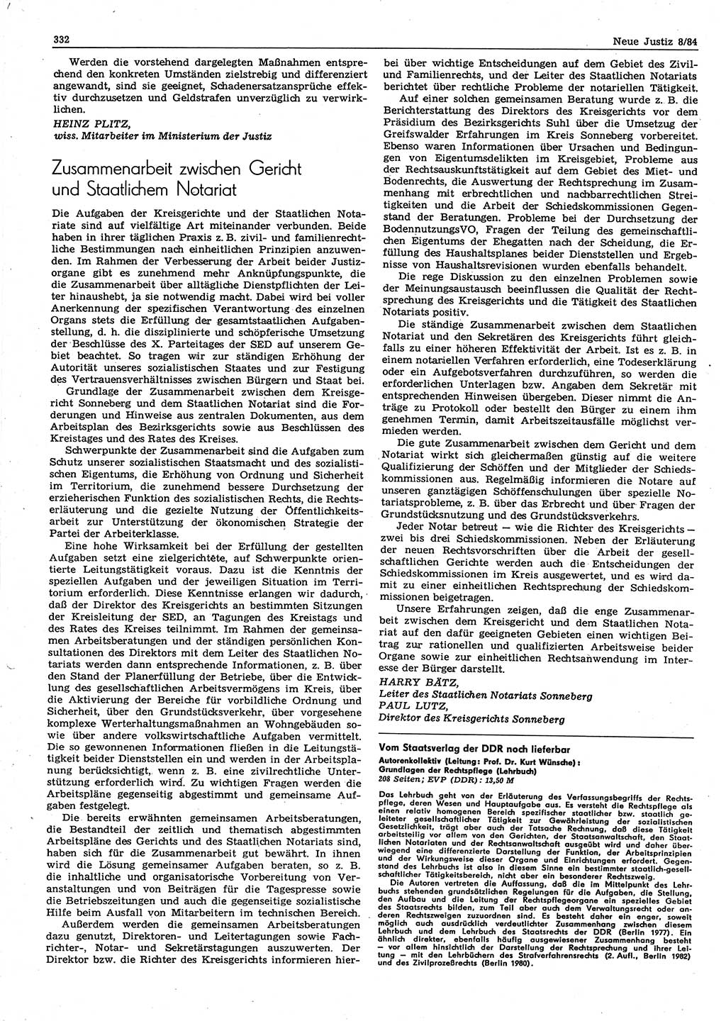 Neue Justiz (NJ), Zeitschrift für sozialistisches Recht und Gesetzlichkeit [Deutsche Demokratische Republik (DDR)], 38. Jahrgang 1984, Seite 332 (NJ DDR 1984, S. 332)