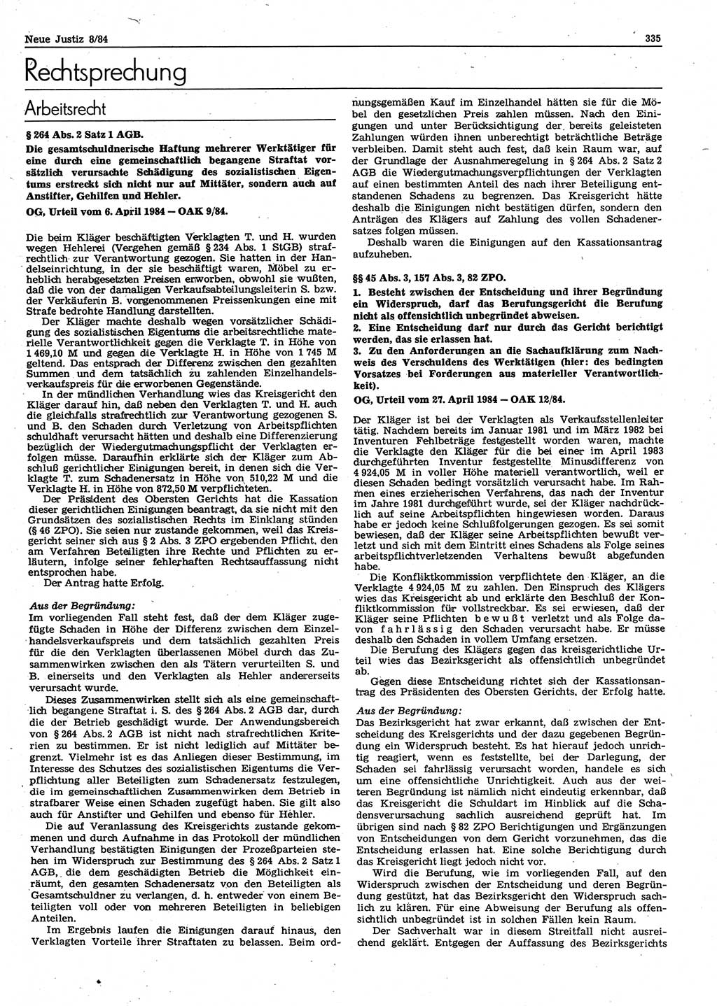 Neue Justiz (NJ), Zeitschrift für sozialistisches Recht und Gesetzlichkeit [Deutsche Demokratische Republik (DDR)], 38. Jahrgang 1984, Seite 335 (NJ DDR 1984, S. 335)