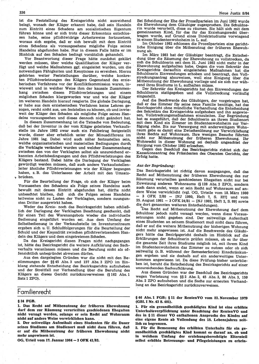 Neue Justiz (NJ), Zeitschrift für sozialistisches Recht und Gesetzlichkeit [Deutsche Demokratische Republik (DDR)], 38. Jahrgang 1984, Seite 336 (NJ DDR 1984, S. 336)