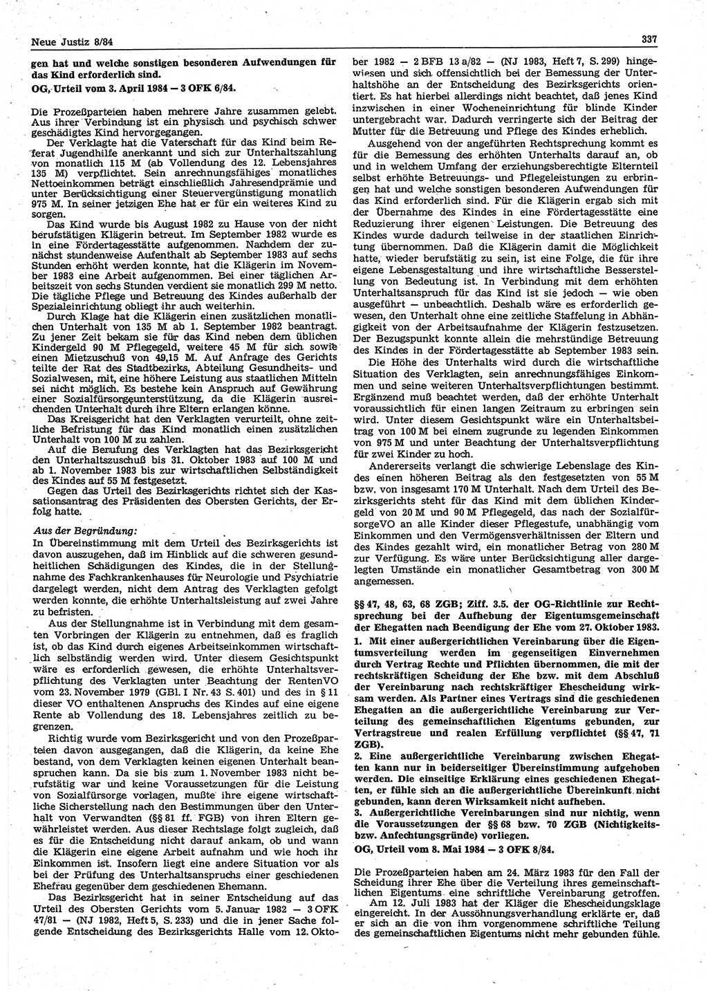 Neue Justiz (NJ), Zeitschrift für sozialistisches Recht und Gesetzlichkeit [Deutsche Demokratische Republik (DDR)], 38. Jahrgang 1984, Seite 337 (NJ DDR 1984, S. 337)