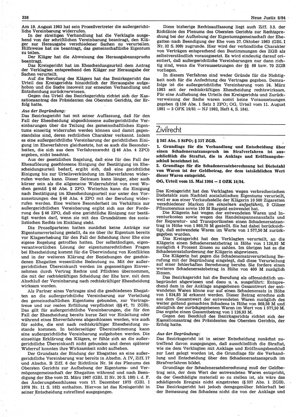 Neue Justiz (NJ), Zeitschrift für sozialistisches Recht und Gesetzlichkeit [Deutsche Demokratische Republik (DDR)], 38. Jahrgang 1984, Seite 338 (NJ DDR 1984, S. 338)