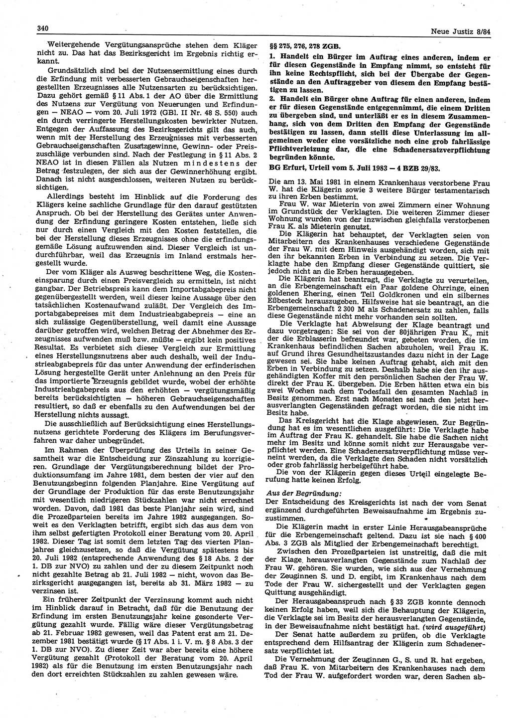 Neue Justiz (NJ), Zeitschrift für sozialistisches Recht und Gesetzlichkeit [Deutsche Demokratische Republik (DDR)], 38. Jahrgang 1984, Seite 340 (NJ DDR 1984, S. 340)