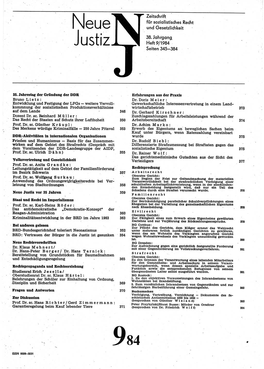 Neue Justiz (NJ), Zeitschrift für sozialistisches Recht und Gesetzlichkeit [Deutsche Demokratische Republik (DDR)], 38. Jahrgang 1984, Seite 345 (NJ DDR 1984, S. 345)