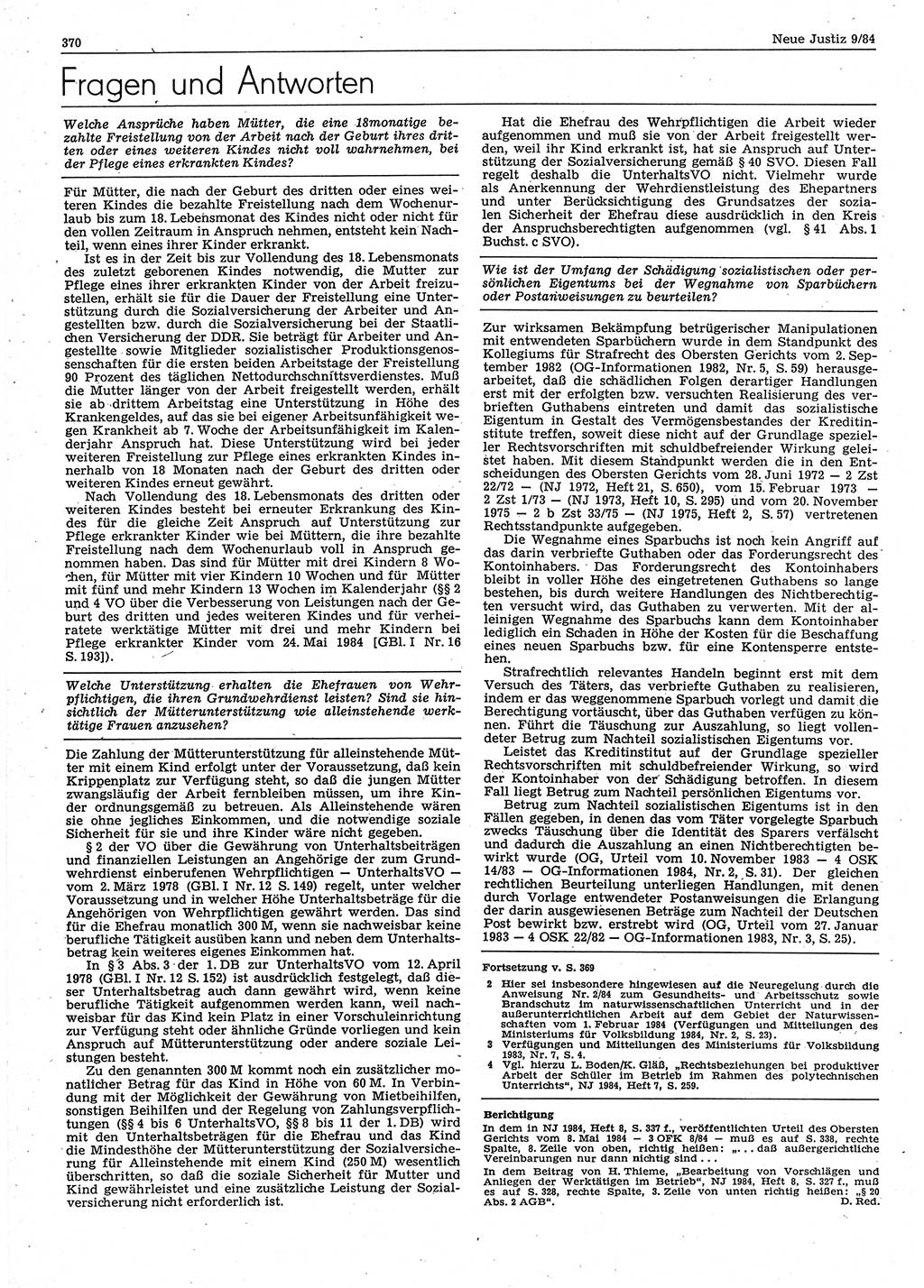 Neue Justiz (NJ), Zeitschrift für sozialistisches Recht und Gesetzlichkeit [Deutsche Demokratische Republik (DDR)], 38. Jahrgang 1984, Seite 370 (NJ DDR 1984, S. 370)