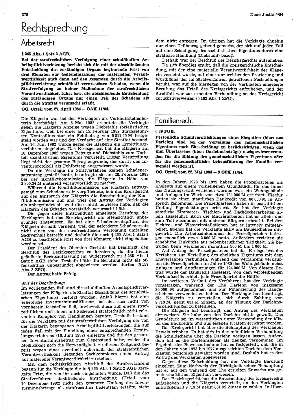 Neue Justiz (NJ), Zeitschrift für sozialistisches Recht und Gesetzlichkeit [Deutsche Demokratische Republik (DDR)], 38. Jahrgang 1984, Seite 378 (NJ DDR 1984, S. 378)