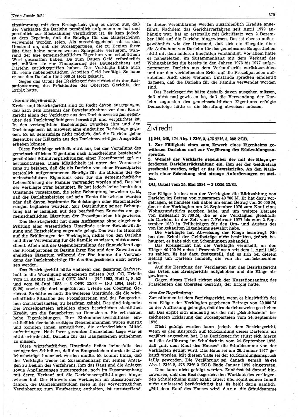 Neue Justiz (NJ), Zeitschrift für sozialistisches Recht und Gesetzlichkeit [Deutsche Demokratische Republik (DDR)], 38. Jahrgang 1984, Seite 379 (NJ DDR 1984, S. 379)