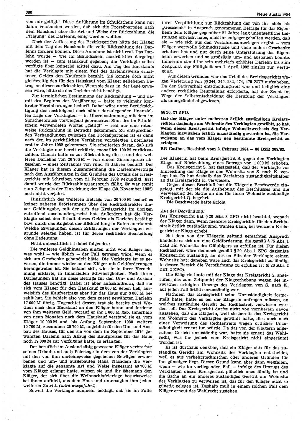 Neue Justiz (NJ), Zeitschrift für sozialistisches Recht und Gesetzlichkeit [Deutsche Demokratische Republik (DDR)], 38. Jahrgang 1984, Seite 380 (NJ DDR 1984, S. 380)