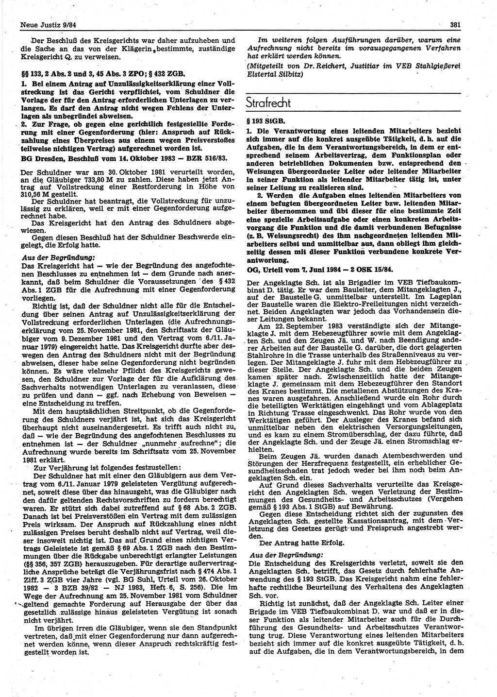 Neue Justiz (NJ), Zeitschrift für sozialistisches Recht und Gesetzlichkeit [Deutsche Demokratische Republik (DDR)], 38. Jahrgang 1984, Seite 381 (NJ DDR 1984, S. 381)