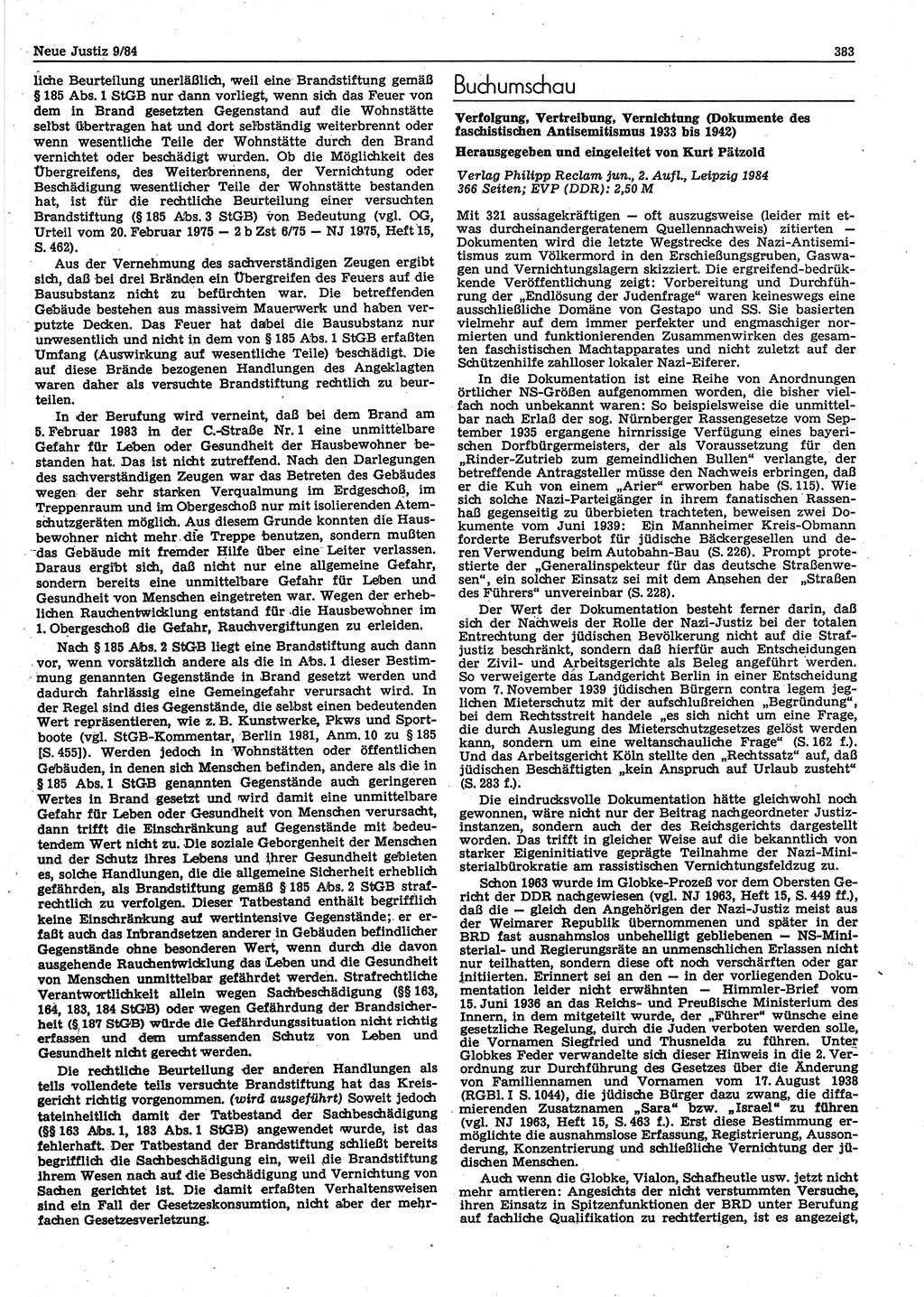 Neue Justiz (NJ), Zeitschrift für sozialistisches Recht und Gesetzlichkeit [Deutsche Demokratische Republik (DDR)], 38. Jahrgang 1984, Seite 383 (NJ DDR 1984, S. 383)