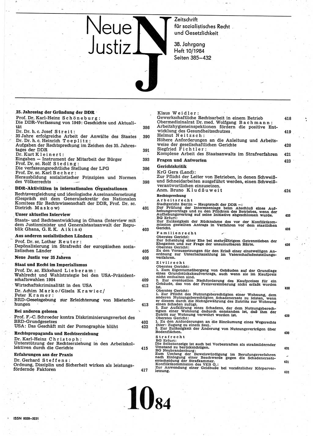 Neue Justiz (NJ), Zeitschrift für sozialistisches Recht und Gesetzlichkeit [Deutsche Demokratische Republik (DDR)], 38. Jahrgang 1984, Seite 385 (NJ DDR 1984, S. 385)