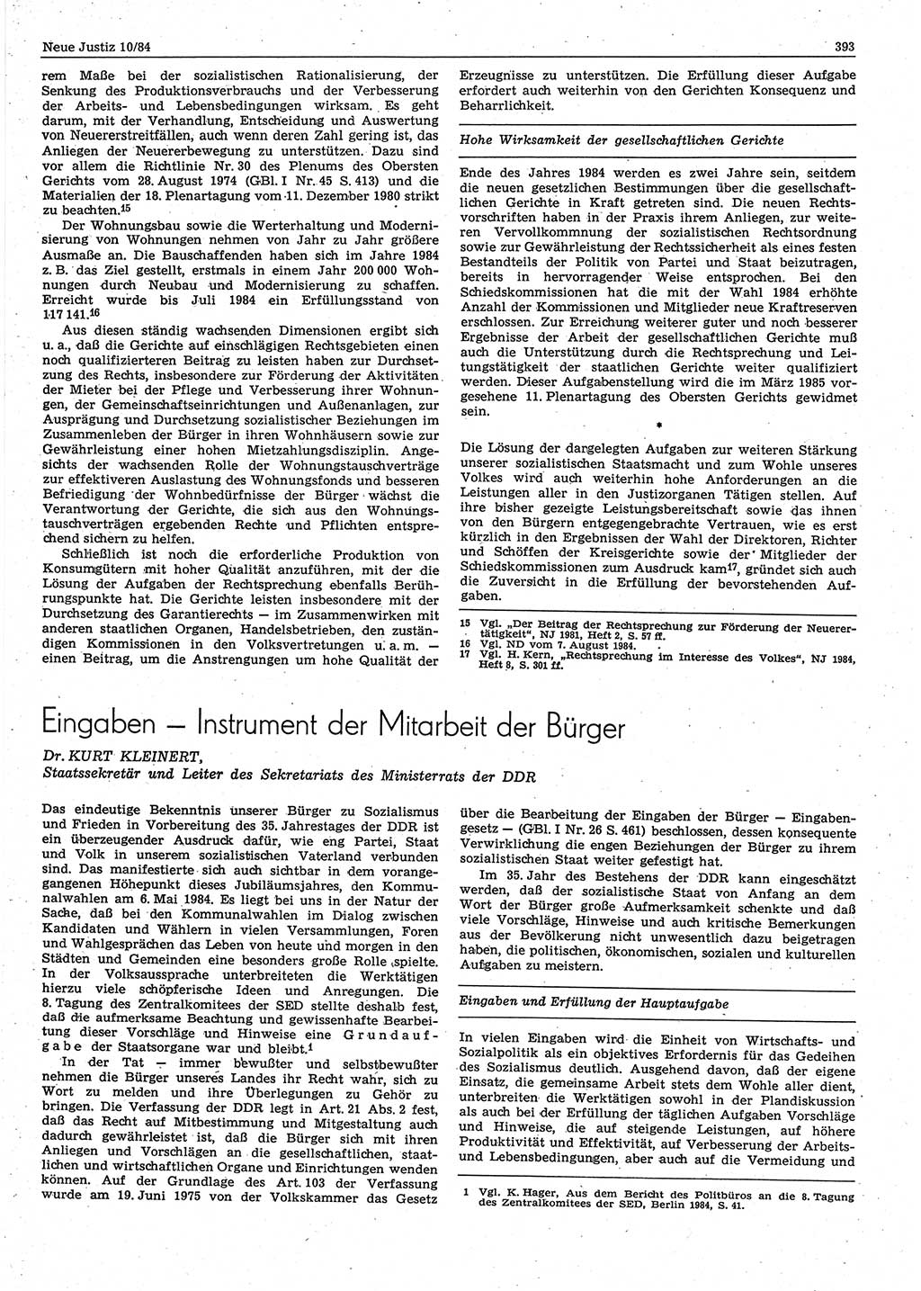 Neue Justiz (NJ), Zeitschrift für sozialistisches Recht und Gesetzlichkeit [Deutsche Demokratische Republik (DDR)], 38. Jahrgang 1984, Seite 393 (NJ DDR 1984, S. 393)