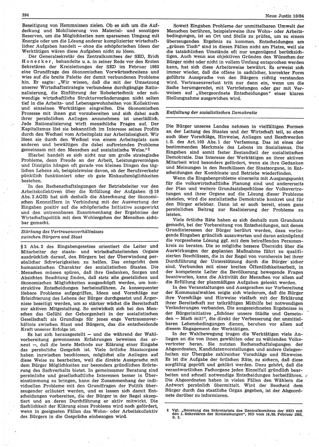 Neue Justiz (NJ), Zeitschrift für sozialistisches Recht und Gesetzlichkeit [Deutsche Demokratische Republik (DDR)], 38. Jahrgang 1984, Seite 394 (NJ DDR 1984, S. 394)