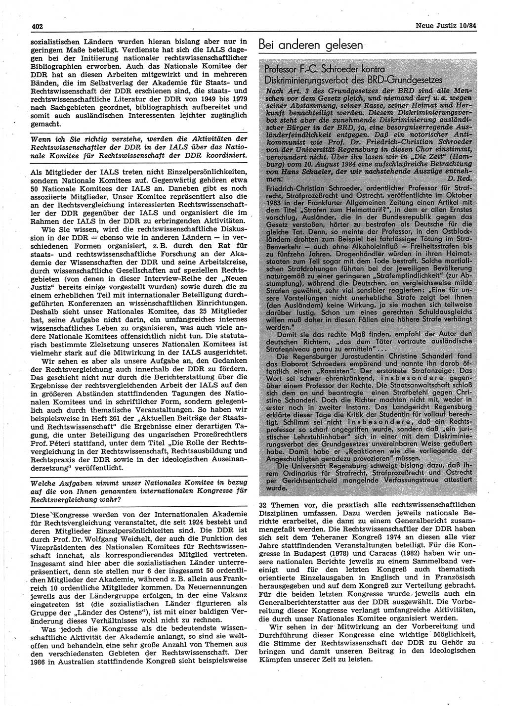 Neue Justiz (NJ), Zeitschrift für sozialistisches Recht und Gesetzlichkeit [Deutsche Demokratische Republik (DDR)], 38. Jahrgang 1984, Seite 402 (NJ DDR 1984, S. 402)