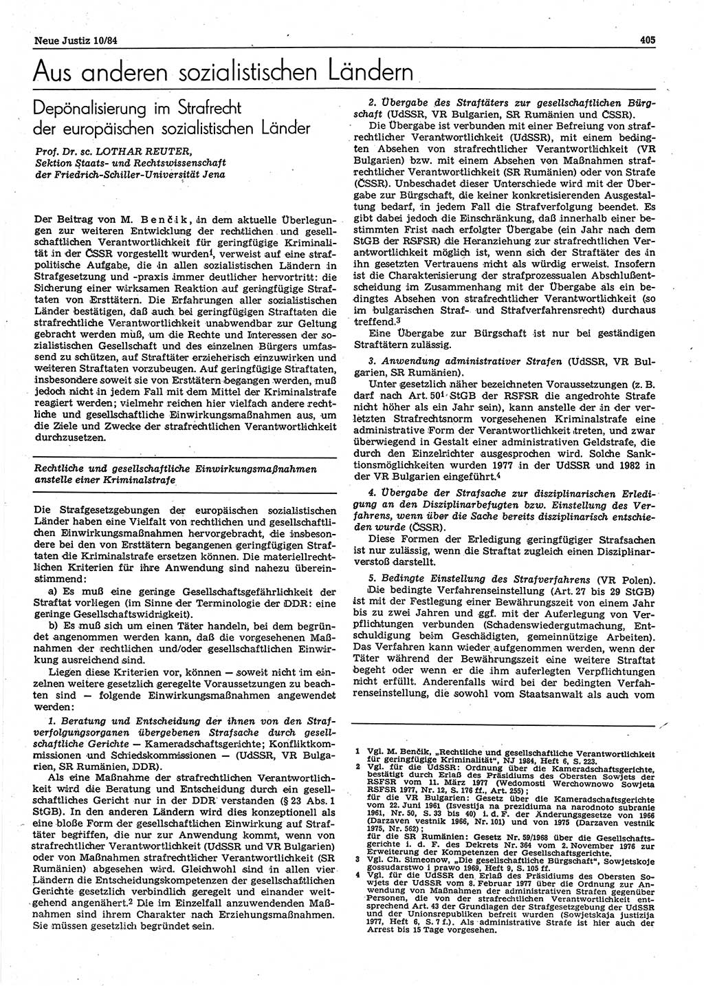 Neue Justiz (NJ), Zeitschrift für sozialistisches Recht und Gesetzlichkeit [Deutsche Demokratische Republik (DDR)], 38. Jahrgang 1984, Seite 405 (NJ DDR 1984, S. 405)