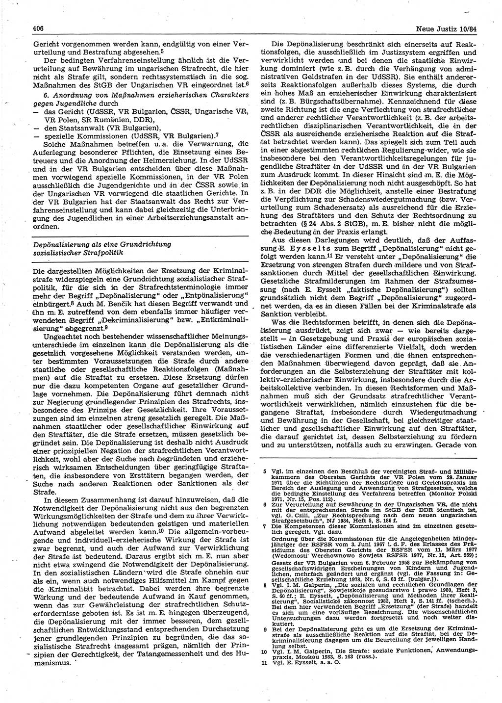 Neue Justiz (NJ), Zeitschrift für sozialistisches Recht und Gesetzlichkeit [Deutsche Demokratische Republik (DDR)], 38. Jahrgang 1984, Seite 406 (NJ DDR 1984, S. 406)