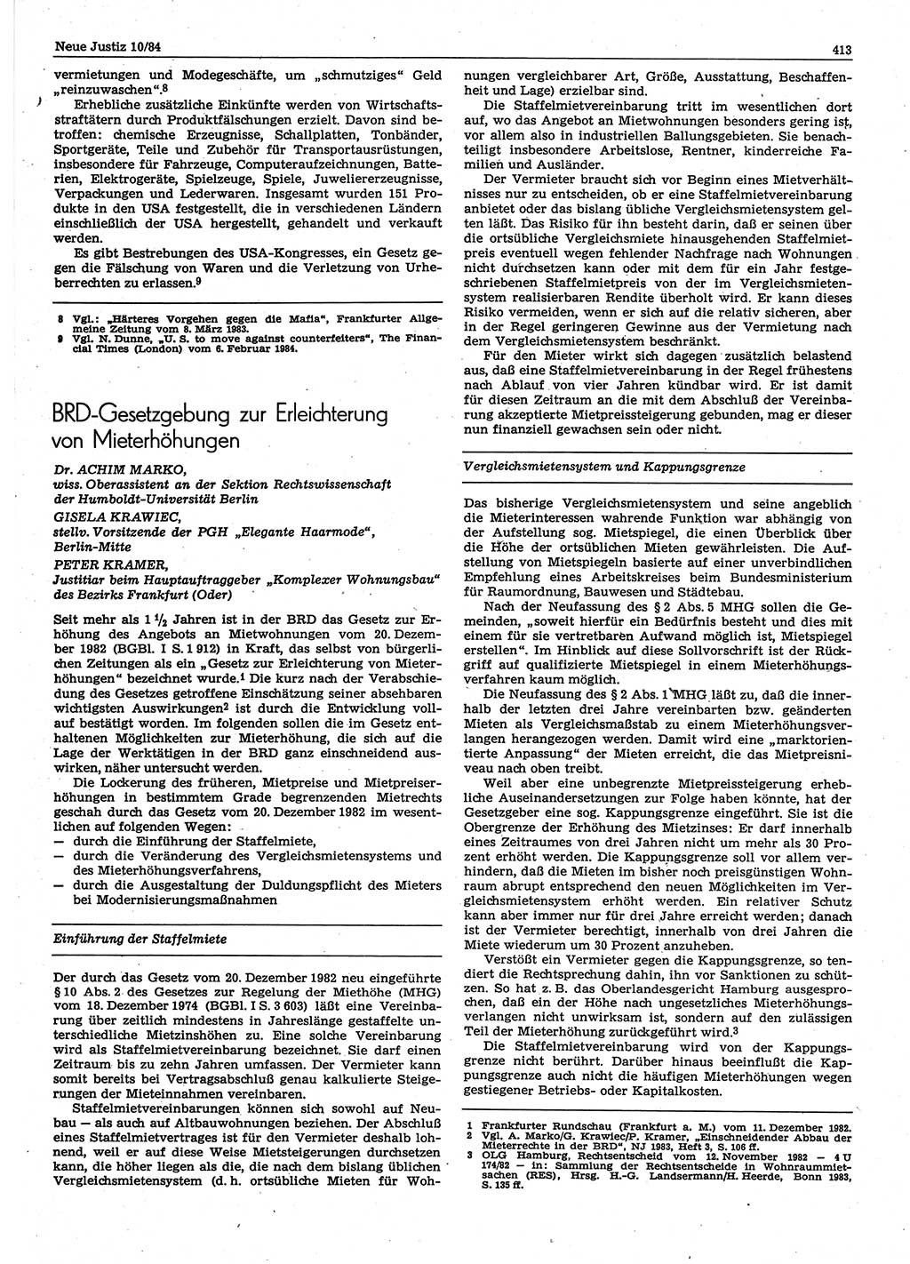 Neue Justiz (NJ), Zeitschrift für sozialistisches Recht und Gesetzlichkeit [Deutsche Demokratische Republik (DDR)], 38. Jahrgang 1984, Seite 413 (NJ DDR 1984, S. 413)